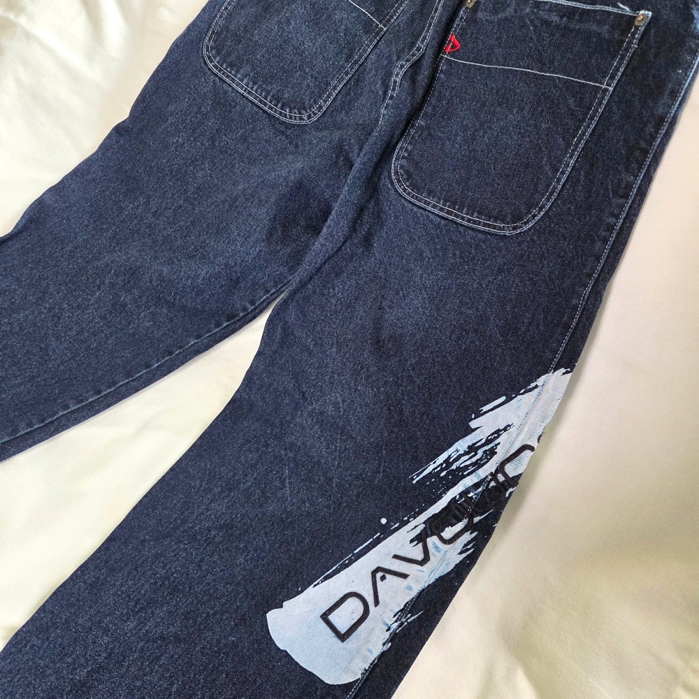 Davoucci Jeans Mens 34x33 Blue Excellent Y2K Hip‎ Hop Baggy Graphic Embroidered